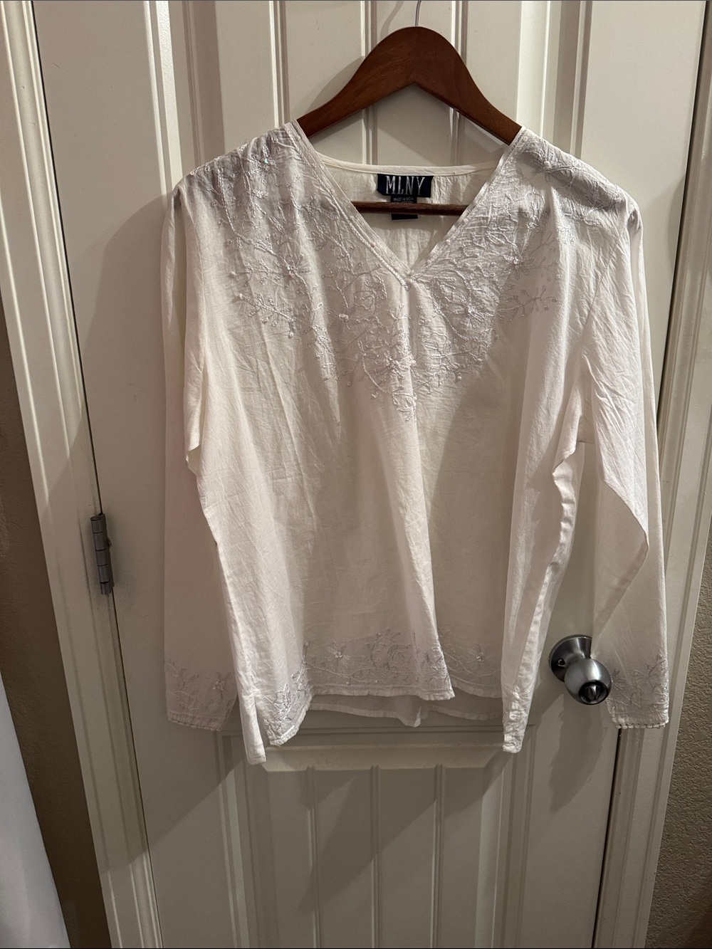 White Embroidered V-Neck Women's Top